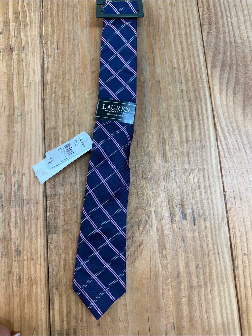 Lauren Ralph Lauren Navy and Pink Checked Silk Tie